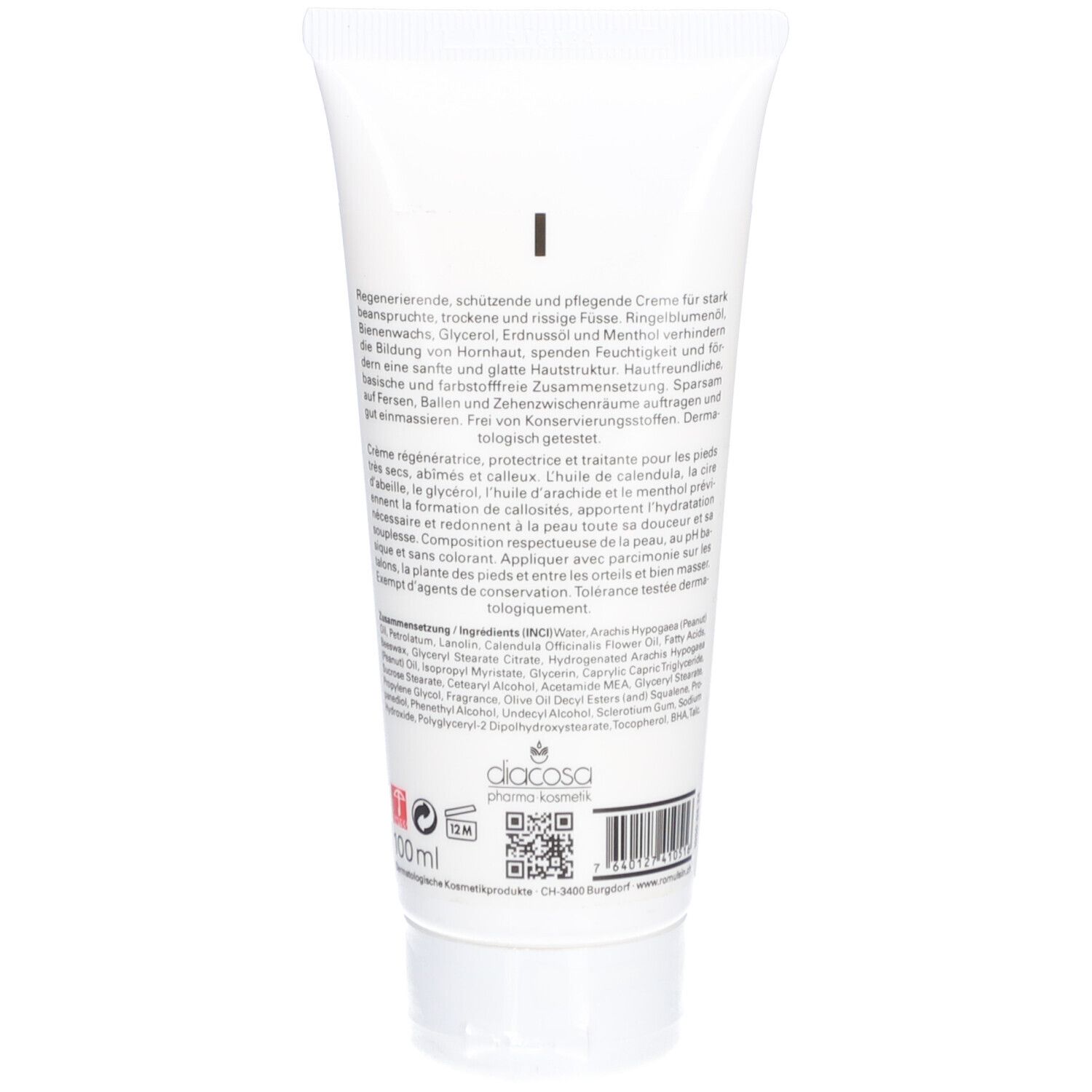 Rückseite der Tube mit Text. Inhaltsstoffe, Herstellerinformationen und QR-Code. 100ml-Angabe.
