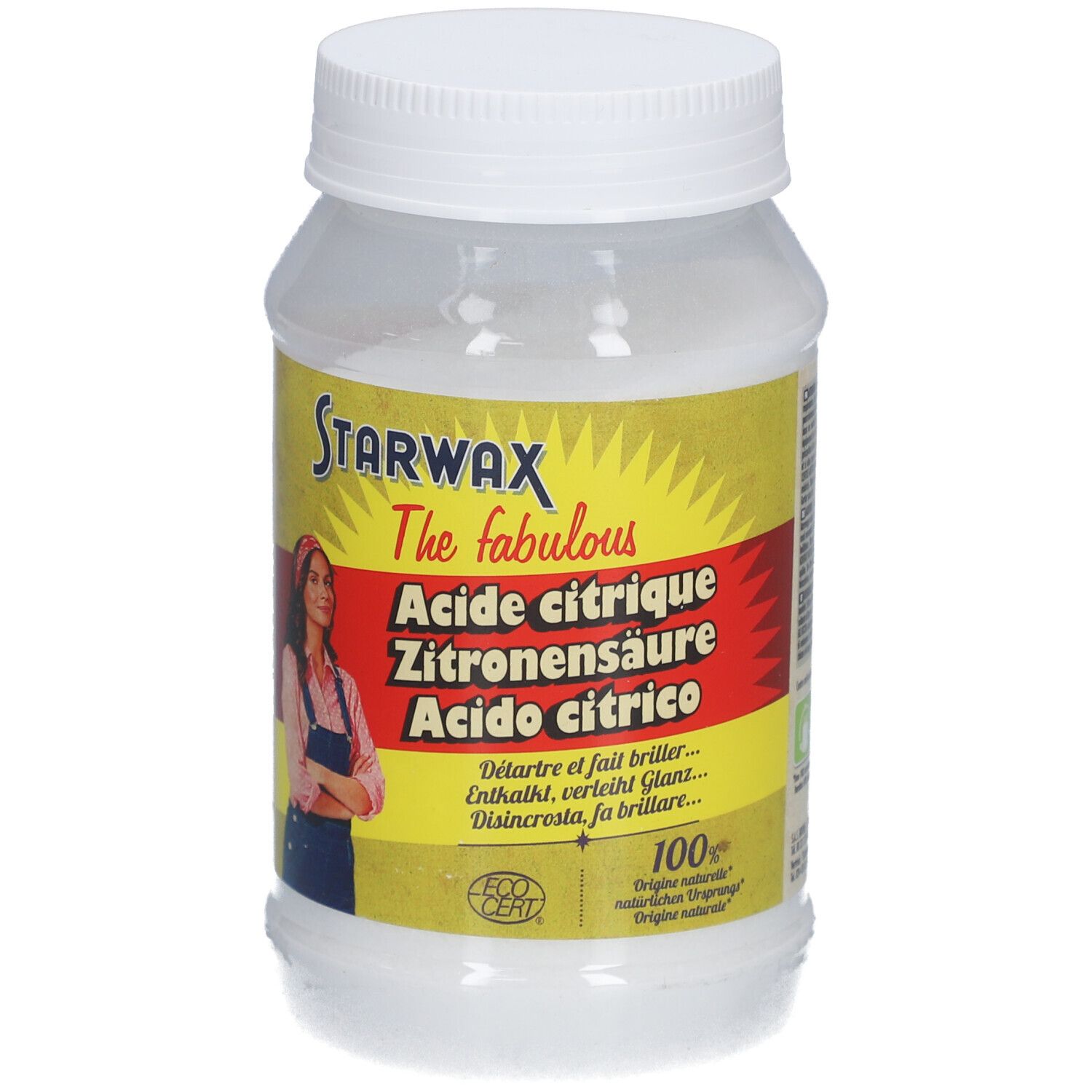 Weißes, zylindrisches Gefäß mit Schraubverschluss. Aufkleber mit STARWAX-Logo, Produktbezeichnung und Frau. 100g.