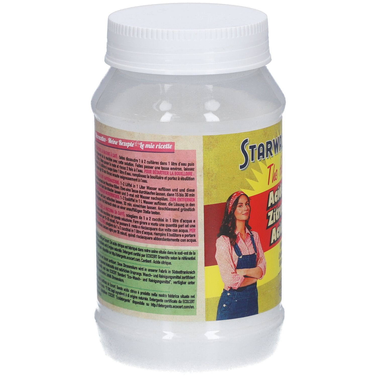 Weißes, zylindrisches Gefäß mit Schraubverschluss. Aufkleber mit Produktinformationen und Frau. Rückansicht.