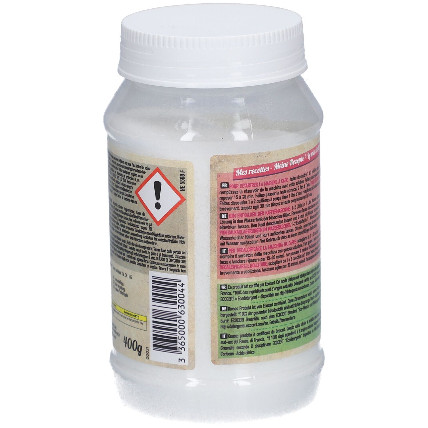Weißes, zylindrisches Gefäß mit Schraubverschluss. Aufkleber mit Produktinformationen und Warnhinweis. 400g.