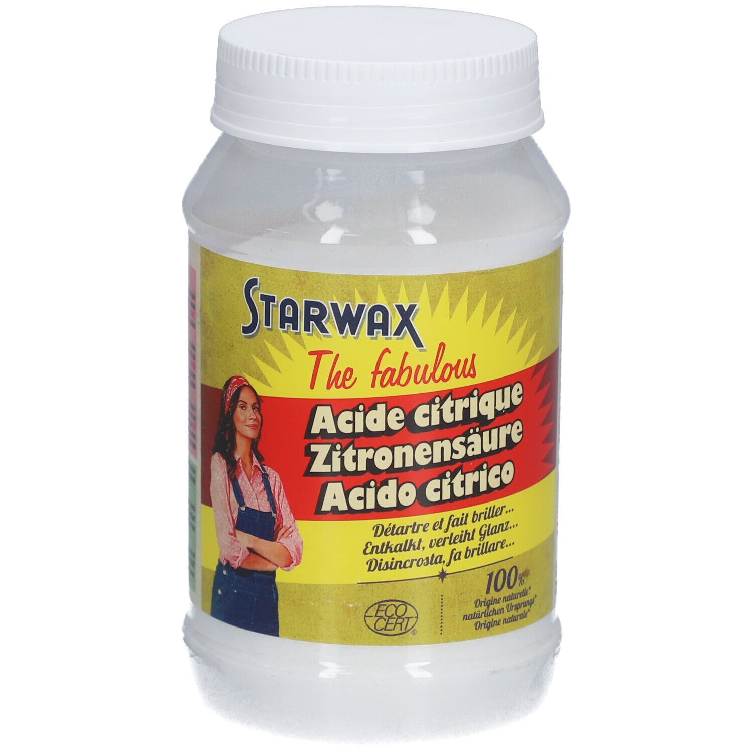 Weißes, zylindrisches Gefäß mit Schraubverschluss. Aufkleber mit STARWAX-Logo, Produktbezeichnung und Frau. 100g.