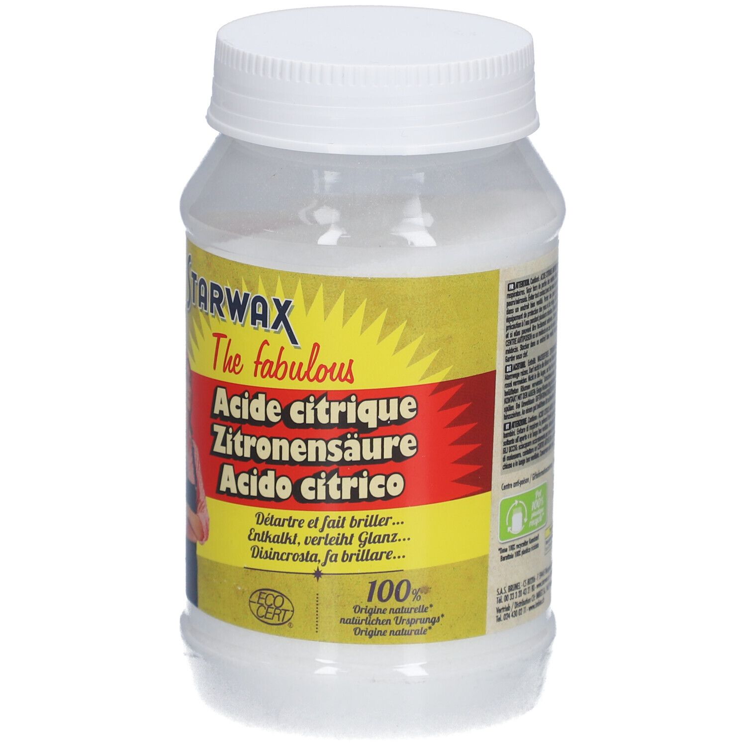 Weißes, zylindrisches Gefäß mit Schraubverschluss. Aufkleber mit STARWAX-Logo, Produktbezeichnung und Frau. 100g.