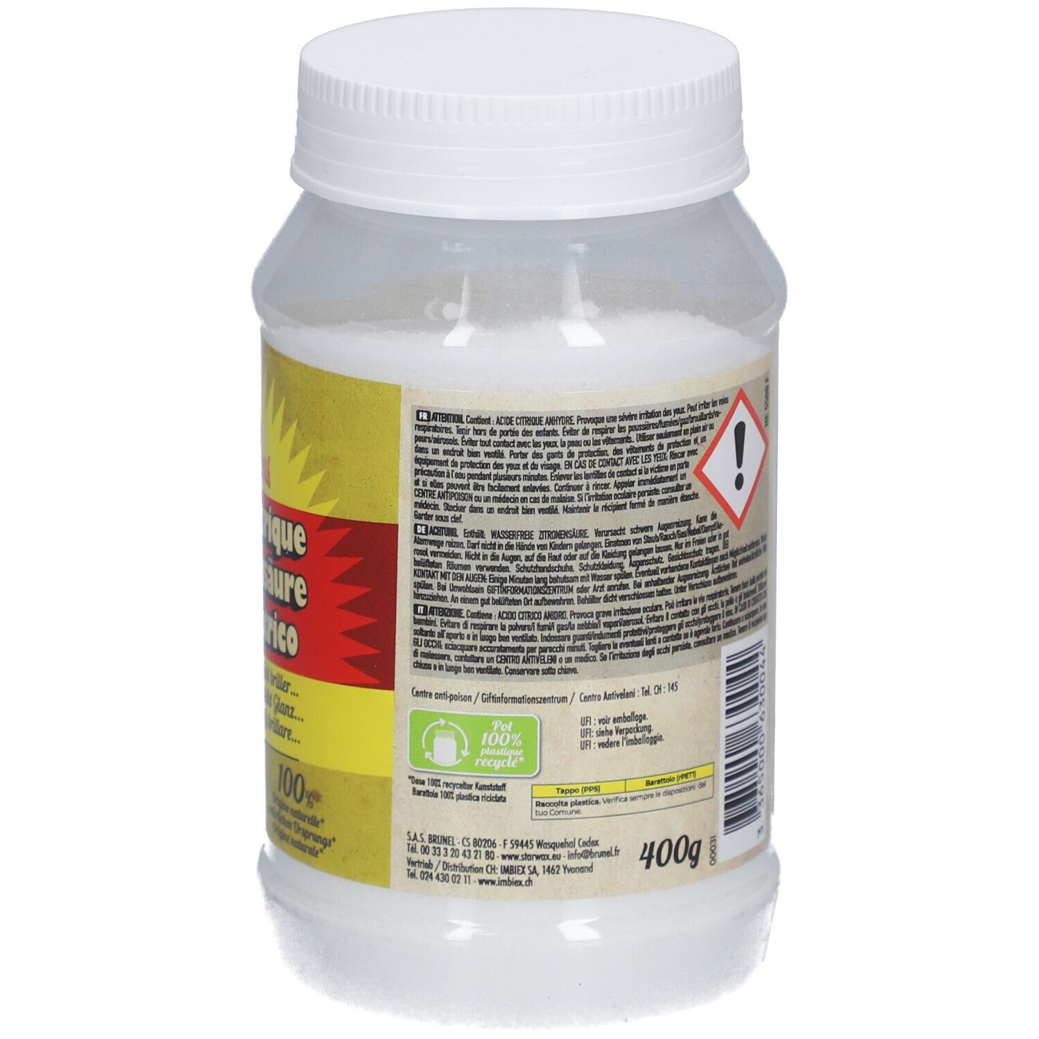 Weißes, zylindrisches Gefäß mit Schraubverschluss. Aufkleber mit Produktinformationen und Warnhinweis. 400g.