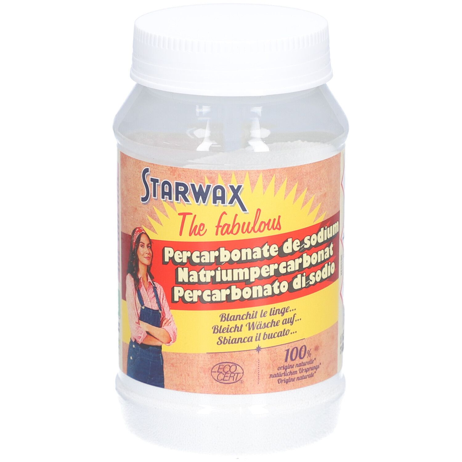 Pot transparent avec couvercle blanc. Étiquette avec nom du produit et femme. Texte multilingue. Logo Eco Cert.