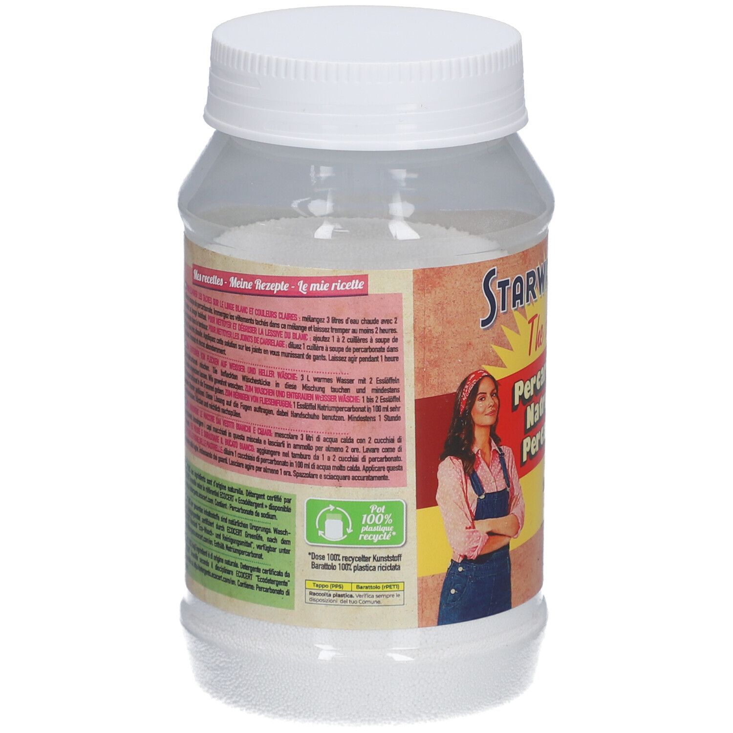 Pot transparent avec couvercle blanc. Dos avec texte multilingue. Logo de recyclage et texte.