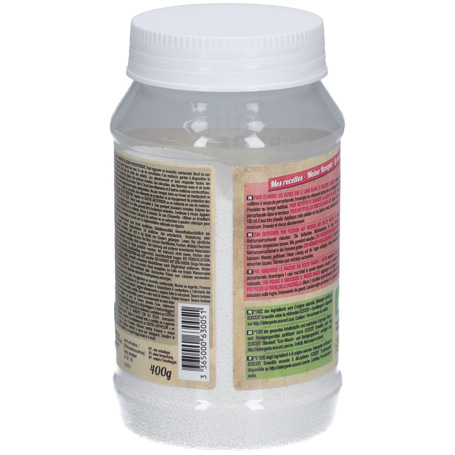 Pot transparent avec couvercle blanc. Dos avec texte, code-barres et indication 400g.