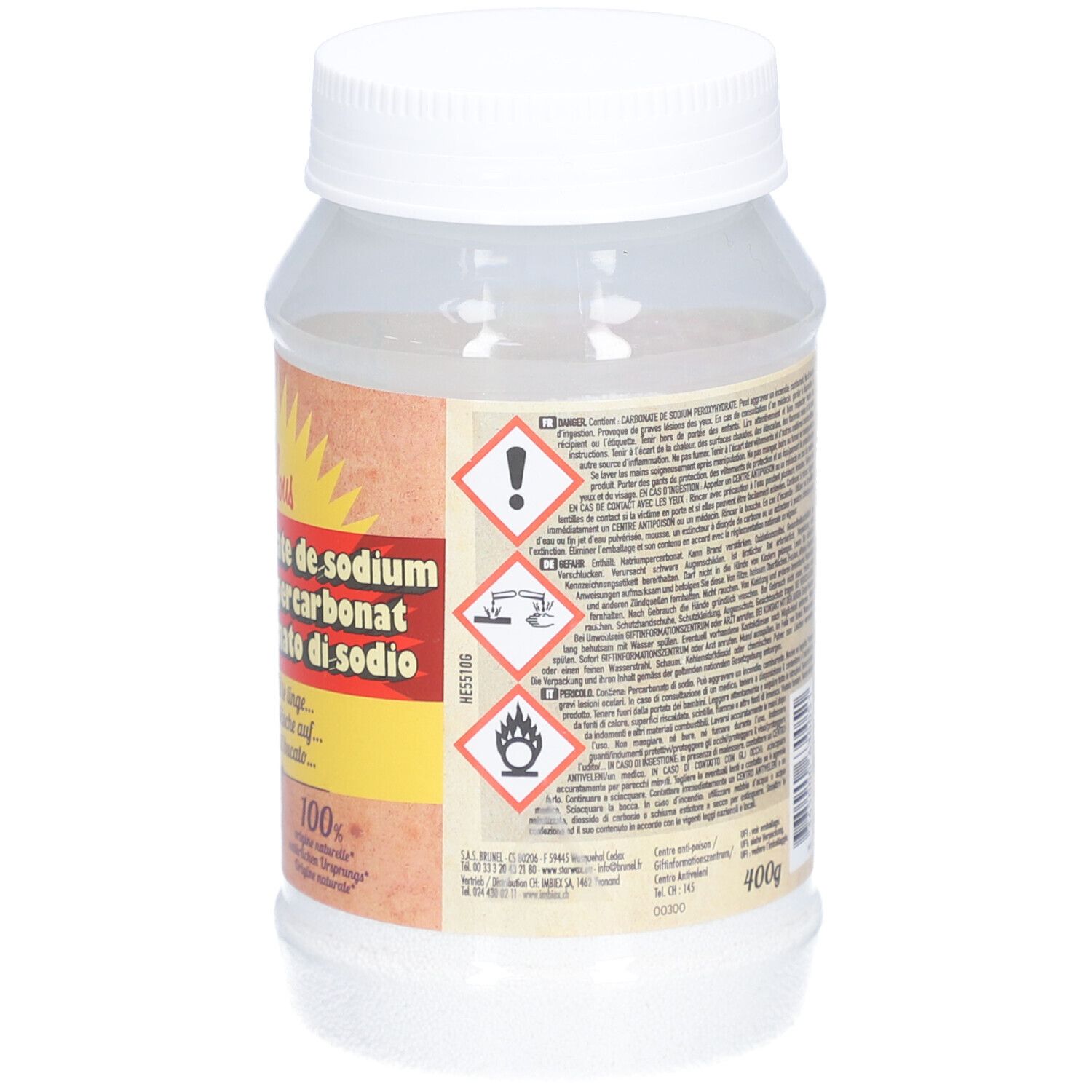 Pot transparent avec couvercle blanc. Dos avec texte, symboles d'avertissement et indication 400g.