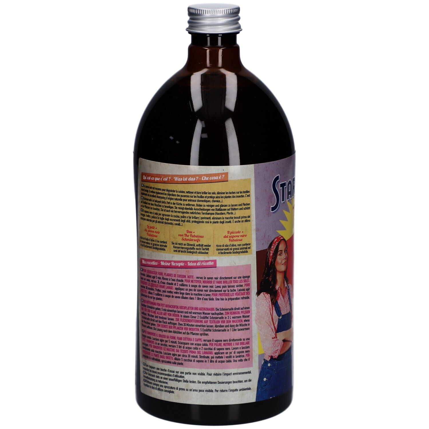 Achteraanzicht van bruine fles met tekst. Meertalige productinformatie op etiket.