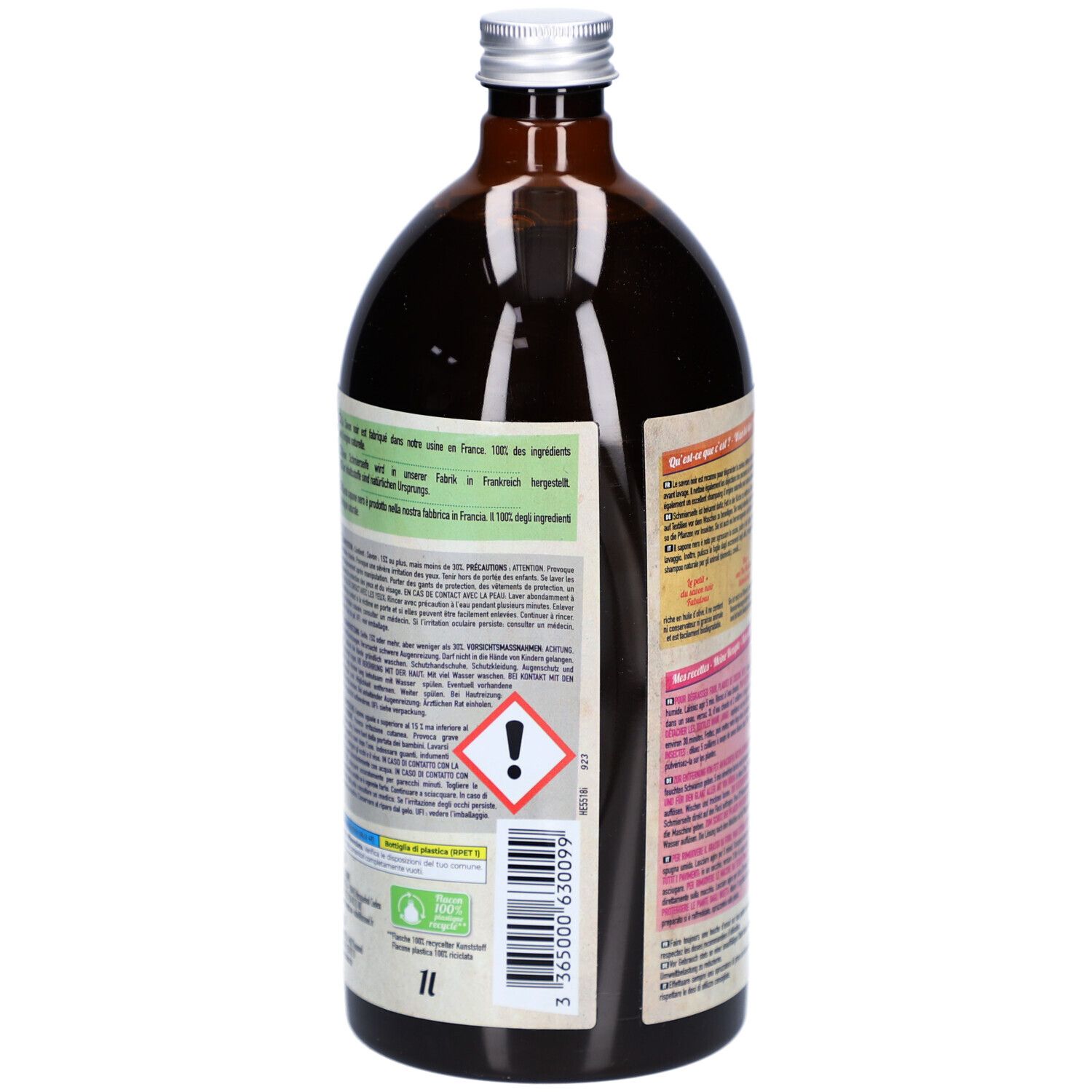Achteraanzicht bruine fles. Etiket met tekst, waarschuwingssymbool en barcode. 1 liter.