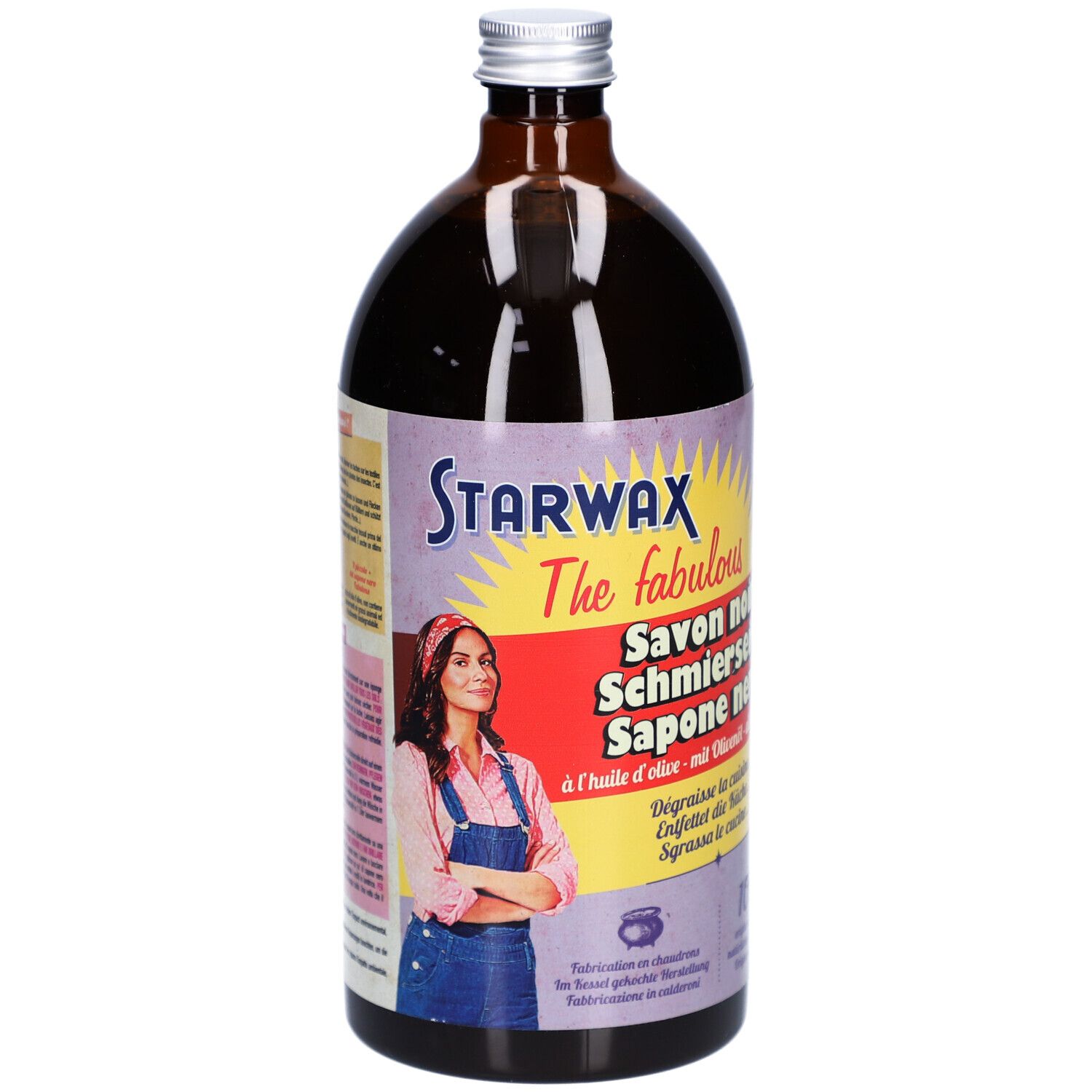 Bruine fles met zwarte vloeistof. Etiket met STARWAX en namen in meerdere talen.