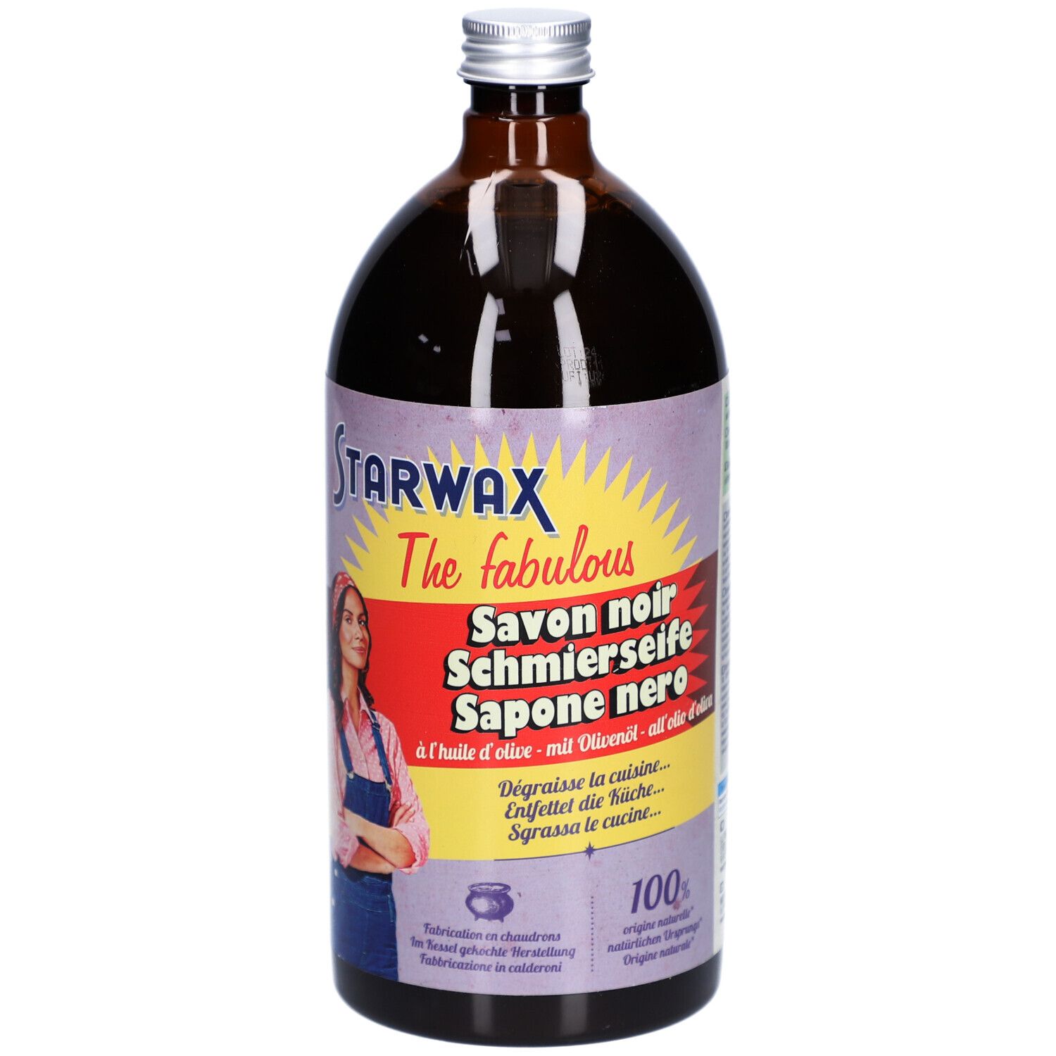 Bruine fles met zwarte vloeistof. Etiket met STARWAX en namen in meerdere talen.