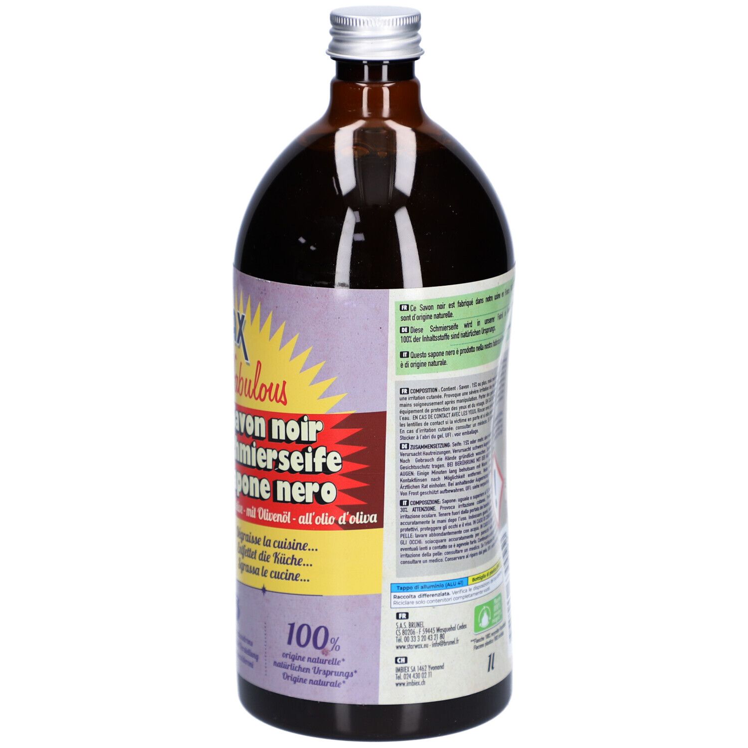 Achteraanzicht bruine fles. Etiket met tekst, waarschuwingssymbool en barcode. 1 liter.