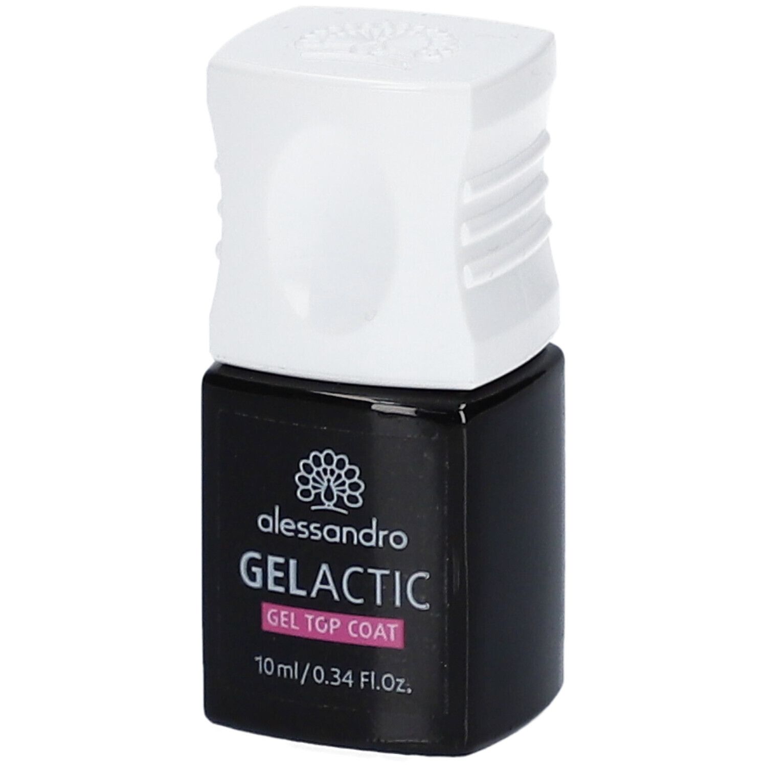 Flacon noir avec bouchon blanc. Inscription : alessandro, GELACTIC, GEL TOP COAT. 10 ml/0.34 Fl.Oz.