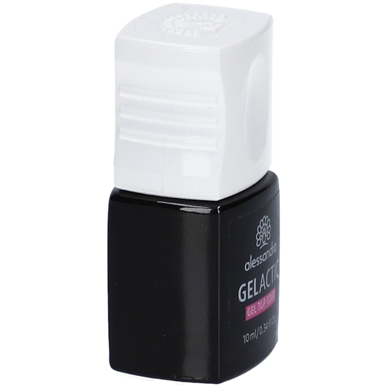 Flacon noir avec bouchon blanc. Inscription : alessandro, GELACTIC, GEL TOP COAT. 10 ml/0.34 Fl.Oz.