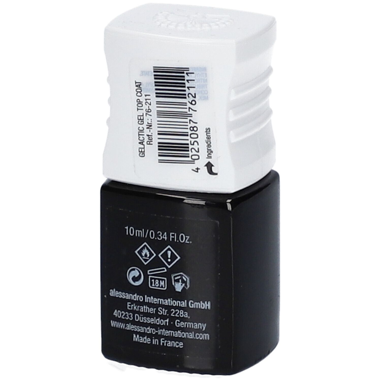 Flacon noir avec bouchon blanc. Inscription : GELACTIC GEL TOP COAT. 10 ml/0.34 Fl.Oz. Dos avec texte et code-barres.