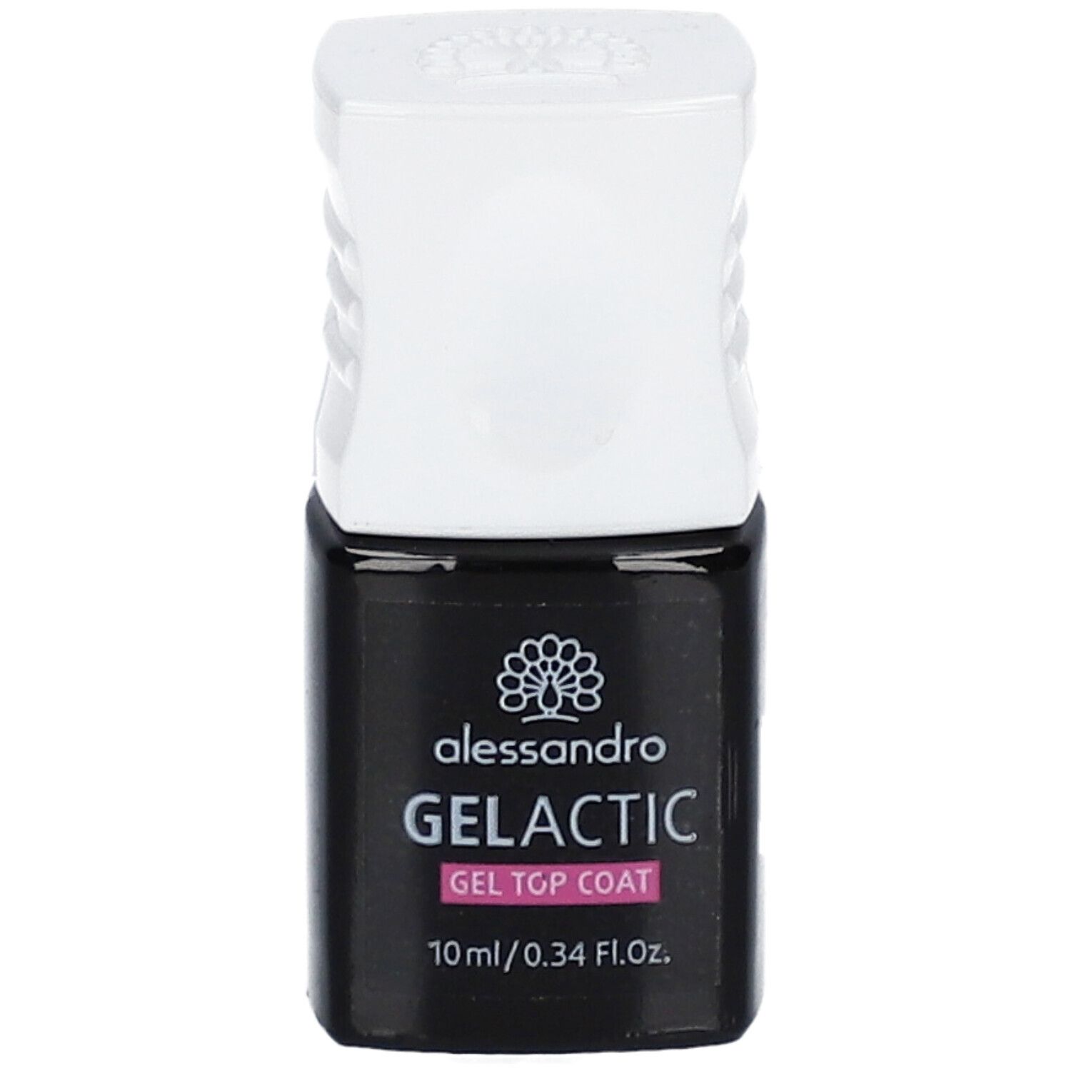 Flacon noir avec bouchon blanc. Inscription : alessandro, GELACTIC, GEL TOP COAT. 10 ml/0.34 Fl.Oz.