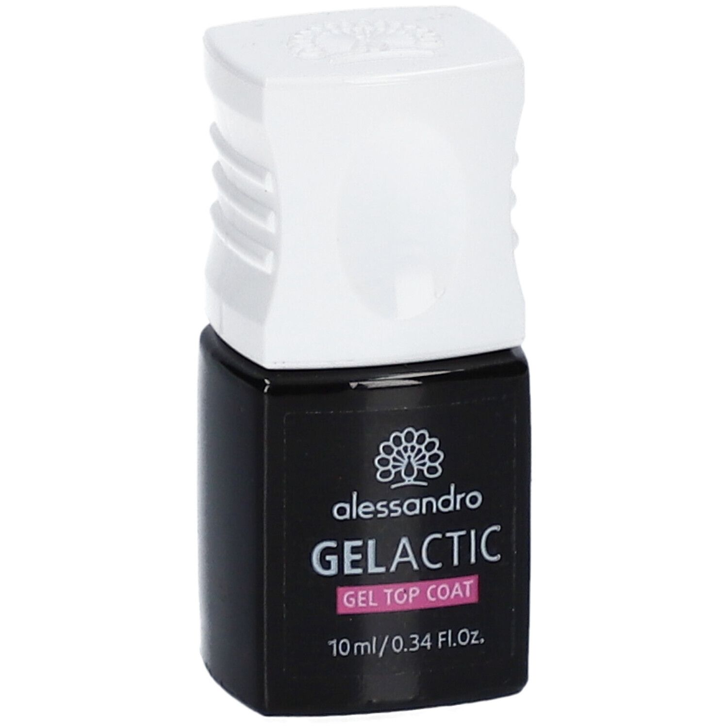 Flacon noir avec bouchon blanc. Inscription : alessandro, GELACTIC, GEL TOP COAT. 10 ml/0.34 Fl.Oz.