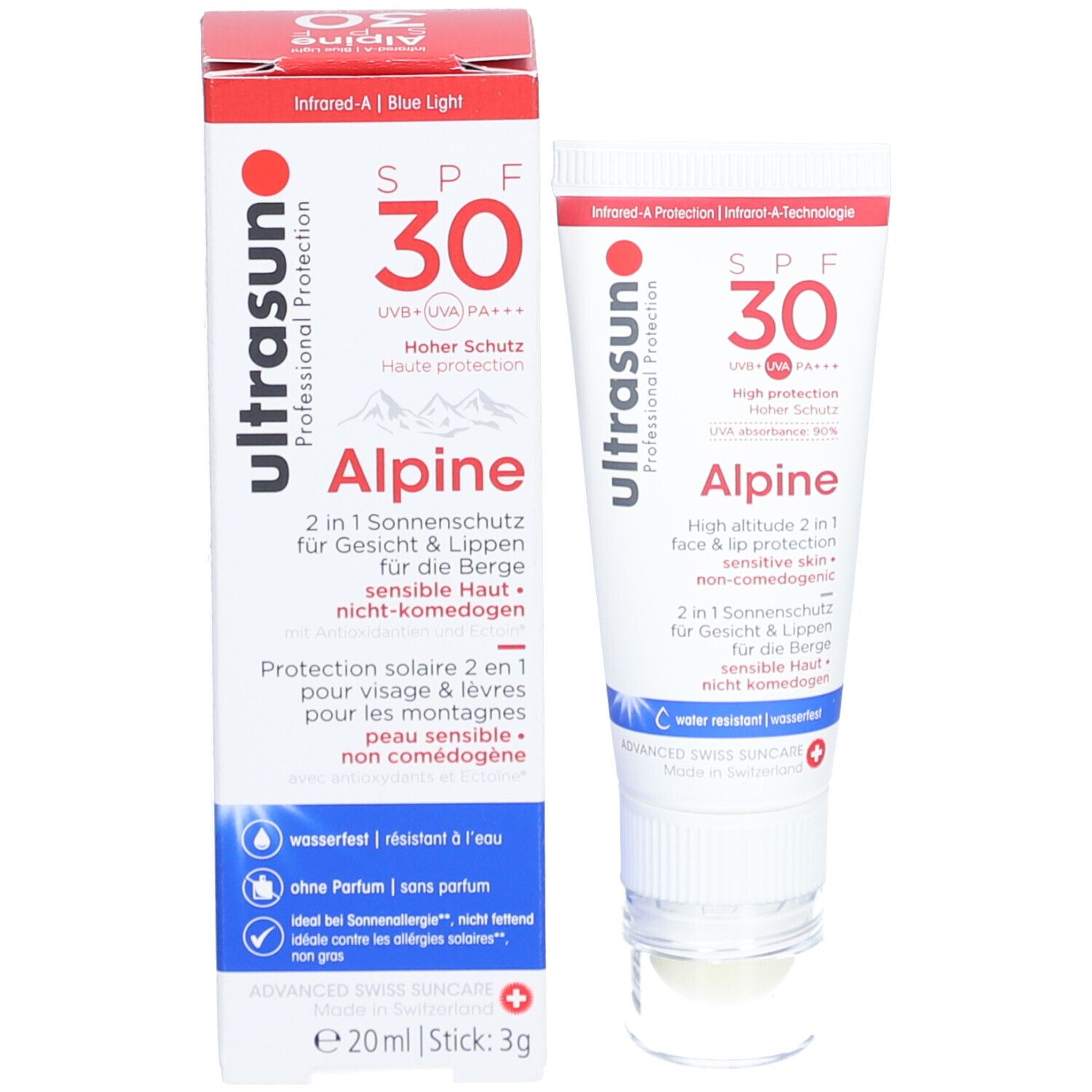 Produktverpackung mit Tube. Roter Karton mit weisser Schrift. Aufschrift: Ultrasun Alpine SPF 30. 2 in 1 Sonnenschutz.