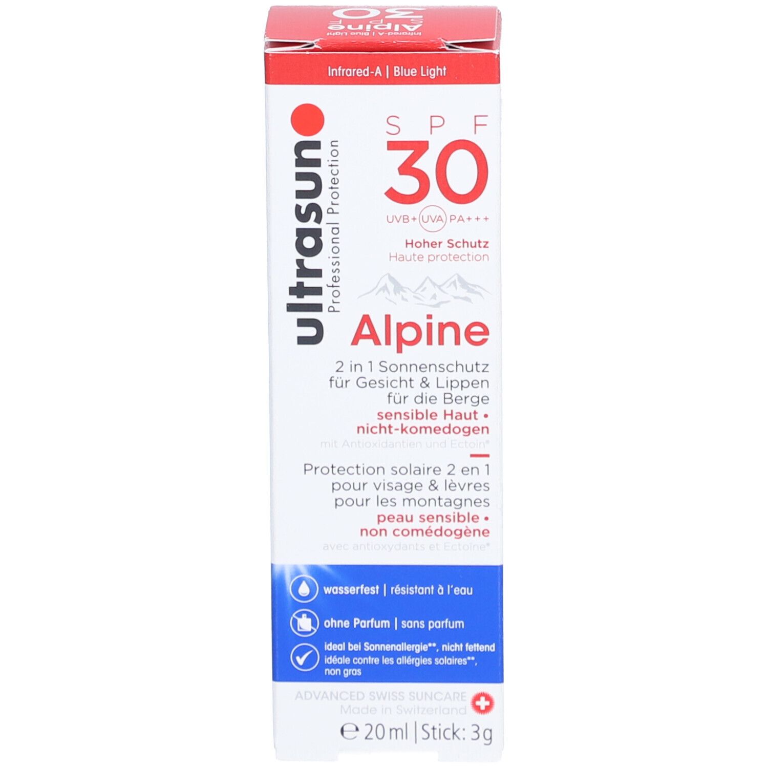 Roter Karton mit weisser Schrift. Aufschrift: Ultrasun Alpine SPF 30. 2 in 1 Sonnenschutz für Gesicht & Lippen.