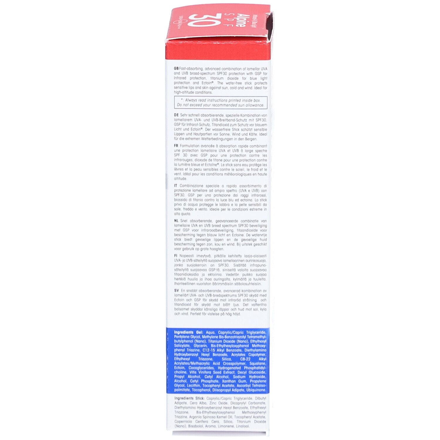 Rückseite der Produktverpackung. Text in mehreren Sprachen. Enthält Informationen zu Inhaltsstoffen und Anwendung.