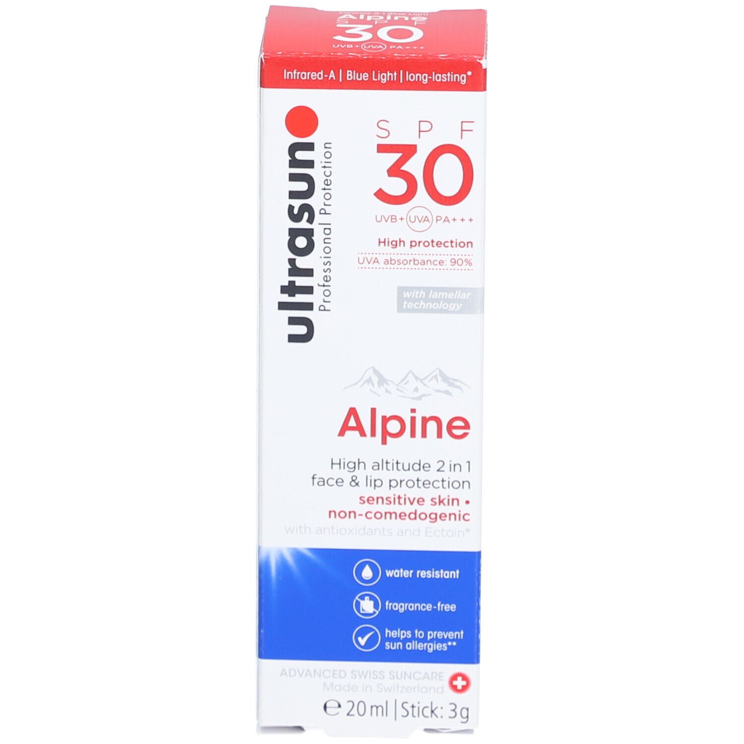 Produktverpackung. Roter Karton mit weisser Schrift. Aufschrift: Ultrasun Alpine SPF 30. 2 in 1 Sonnenschutz.