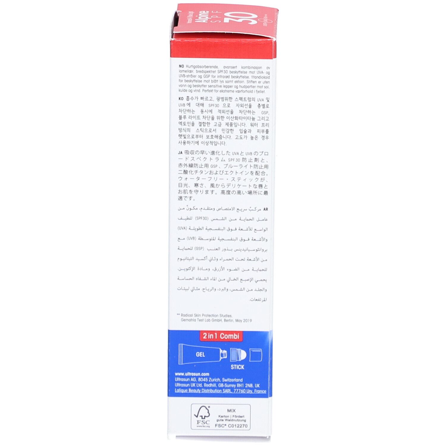 Rückseite der Produktverpackung. Text in mehreren Sprachen. Enthält Informationen zu Inhaltsstoffen und Anwendung.