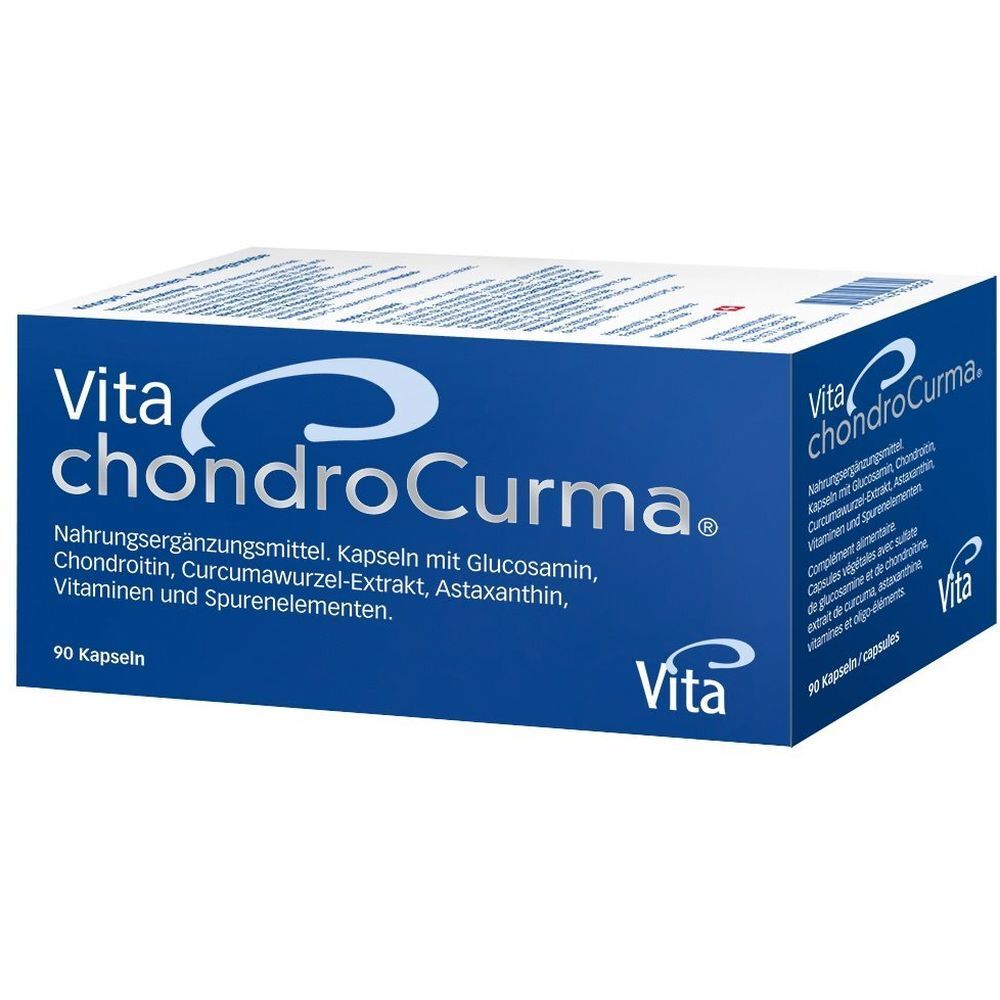 Blaue Schachtel mit "Vita chondroCurma®"-Logo. Enthält 90 Kapseln. Text: Nahrungsergänzungsmittel mit Glucosamin, Chondroitin, Curcuma.
