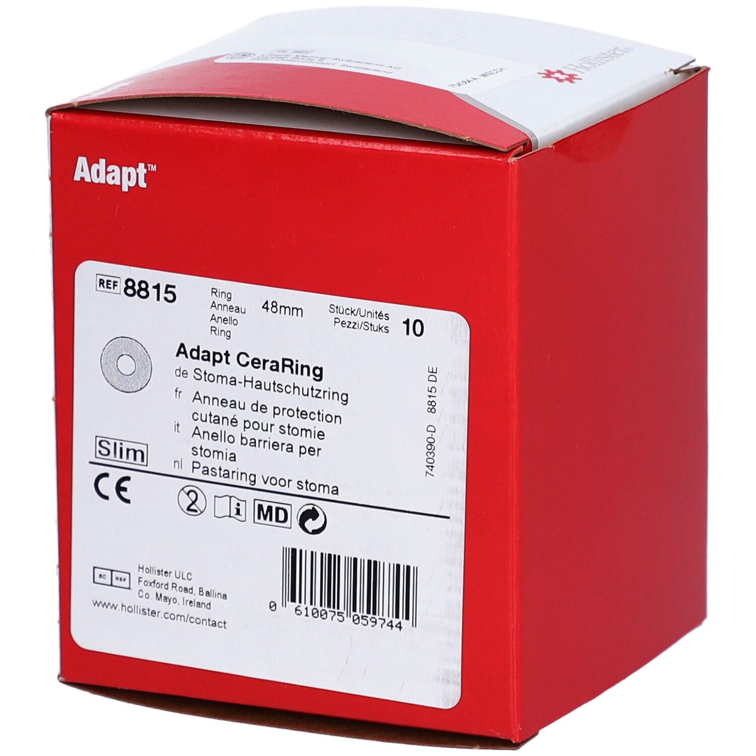Boîte rouge Adapt CeraRing. Informations produit, 48mm, 10 unités. Marquage CE. Fabricant: Hollister.