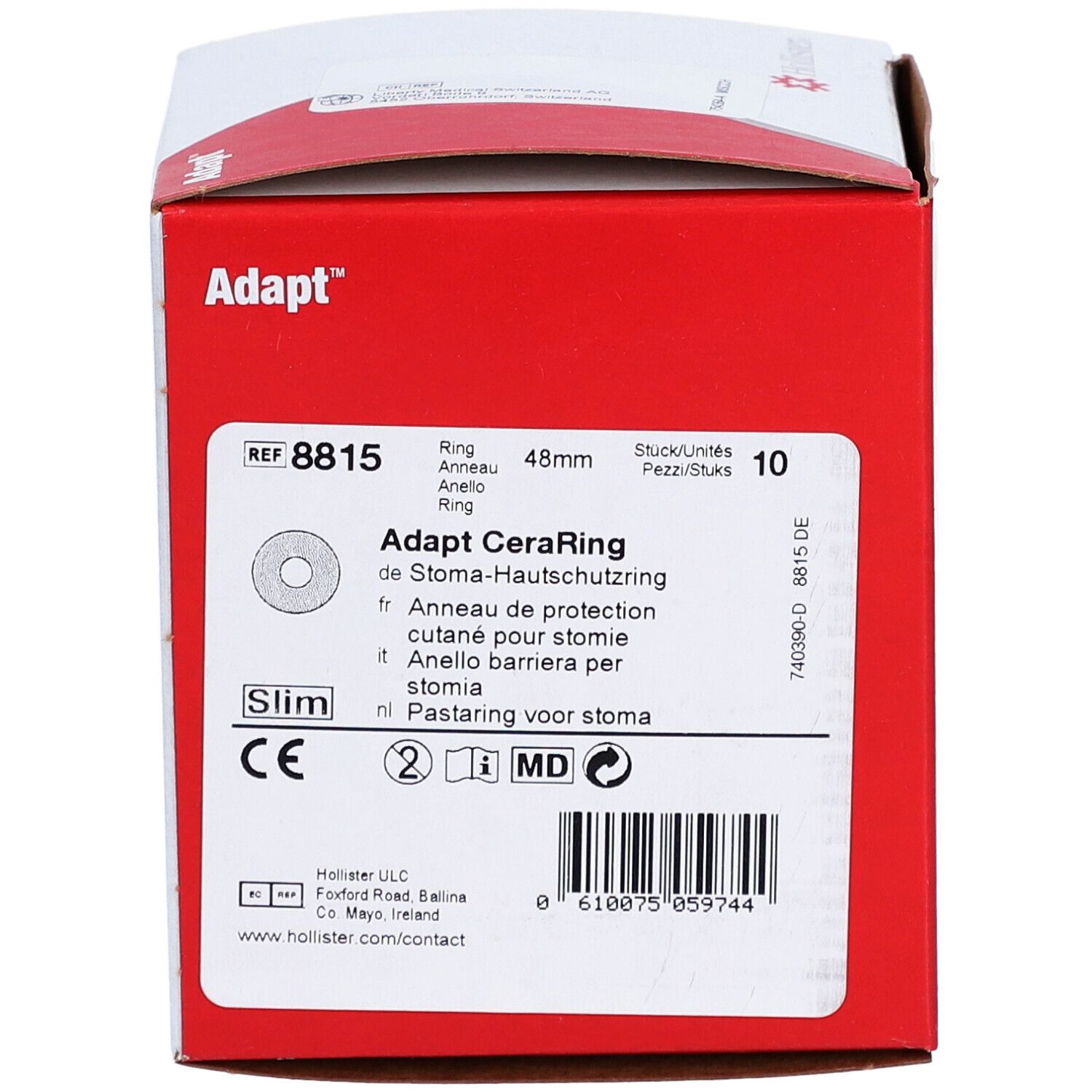Boîte rouge Adapt CeraRing. Informations produit, 48mm, 10 unités. Marquage CE. Fabricant: Hollister.