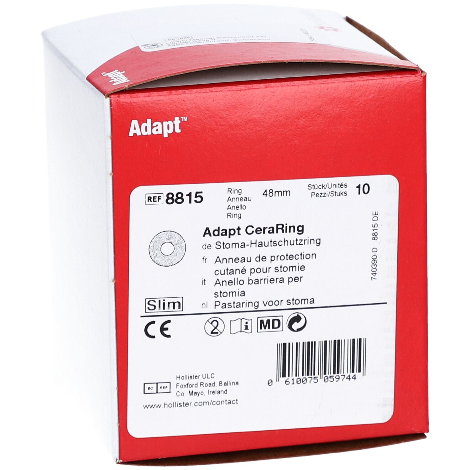 Boîte rouge Adapt CeraRing. Informations produit, 48mm, 10 unités. Marquage CE. Fabricant: Hollister.