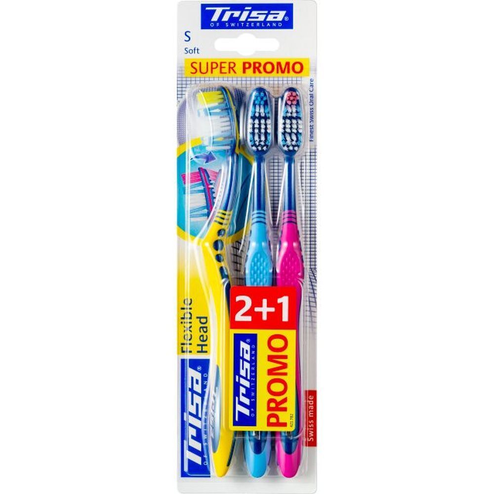 Zahnbürsten-Packung mit drei Bürsten. Zwei blau, eine pink. Flexible Köpfe, weiche Borsten. "Trisa"-Logo.