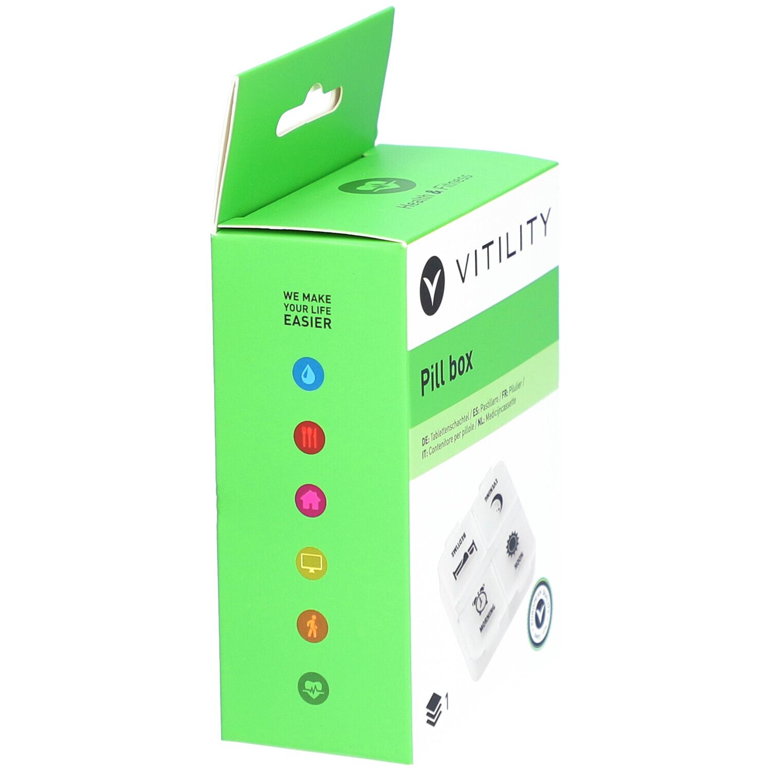 Grüne VITILITY Pillenbox-Verpackung, Seitenansicht. Enthält eine weiße Pillenbox. Text: Pillenbox, VITILITY, Health & Fitness, Europäisches Qualitätssiegel.