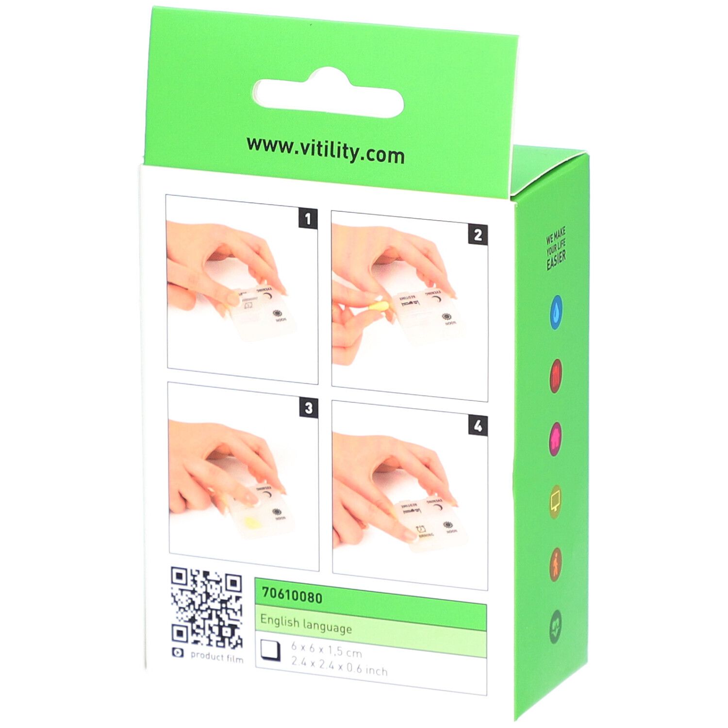 Rückseite der grünen VITILITY Pillenbox-Verpackung. Zeigt Anweisungen zur Verwendung der Pillenbox. Text: VITILITY, 70610080, English language.