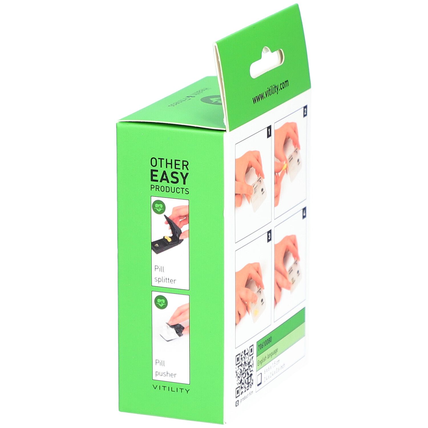 Seitenansicht der grünen VITILITY Pillenbox-Verpackung. Zeigt Zubehör: Pillenteiler und Pillenzerkleinerer. Text: VITILITY, Other Easy Products.