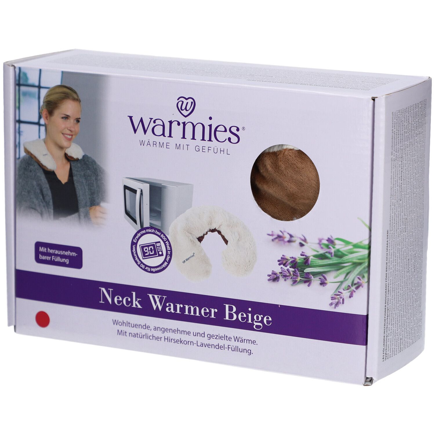 Verpackung von Warmies Halswärmer Beige. Abbildung einer Frau mit Halswärmer, Mikrowelle und Lavendel.