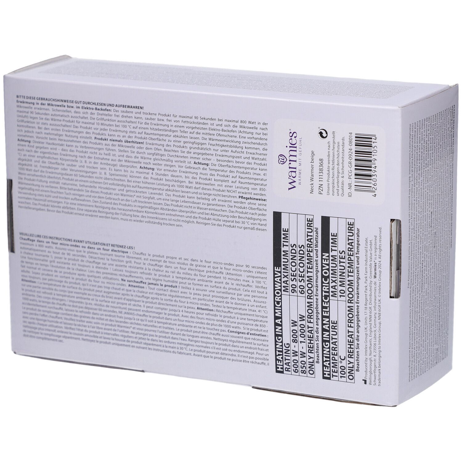 Rückseite der Warmies Halswärmer Beige Verpackung. Text mit Informationen zur Anwendung und Sicherheit.