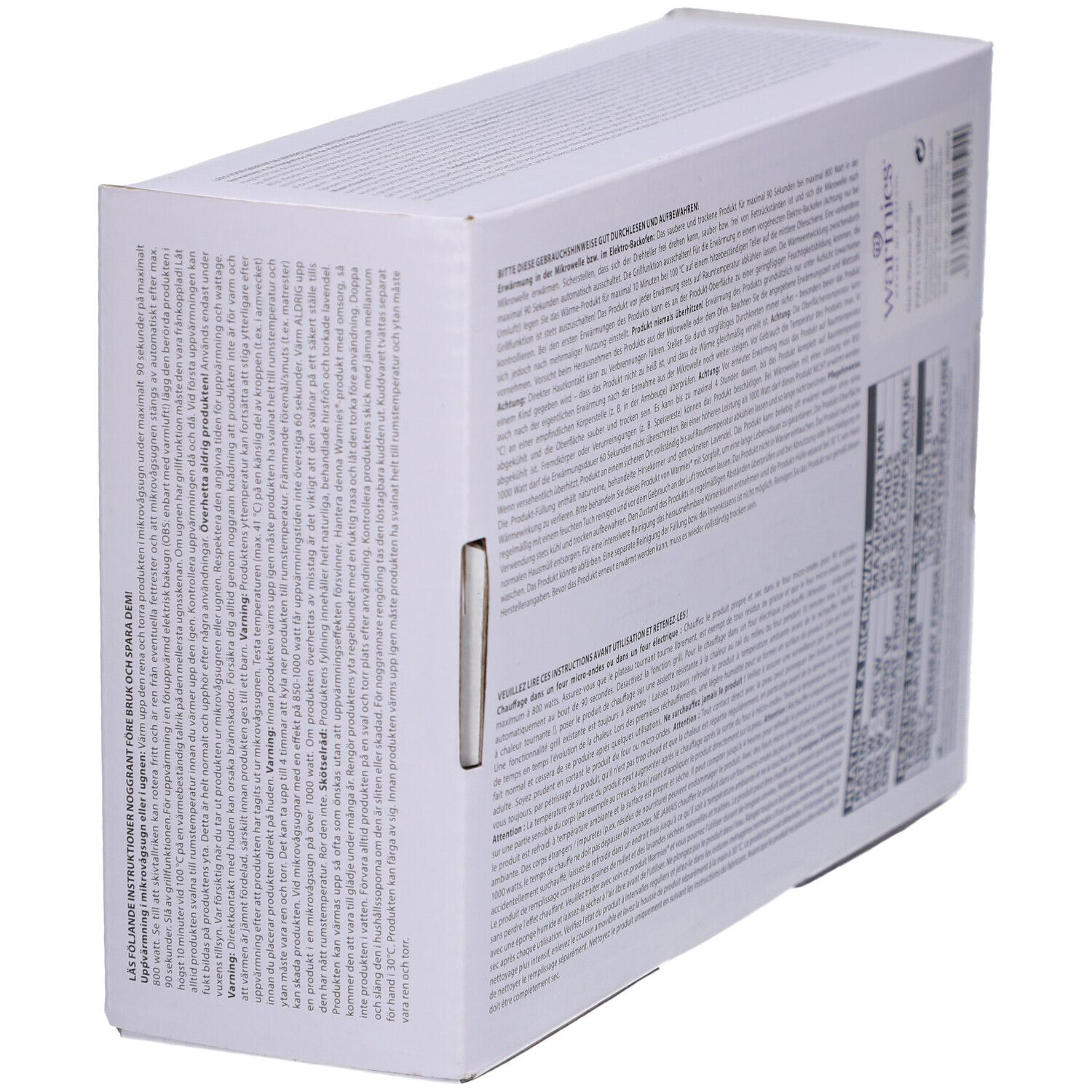 Seite der Warmies Halswärmer Beige Verpackung. Text mit Informationen zur Anwendung und Sicherheit.