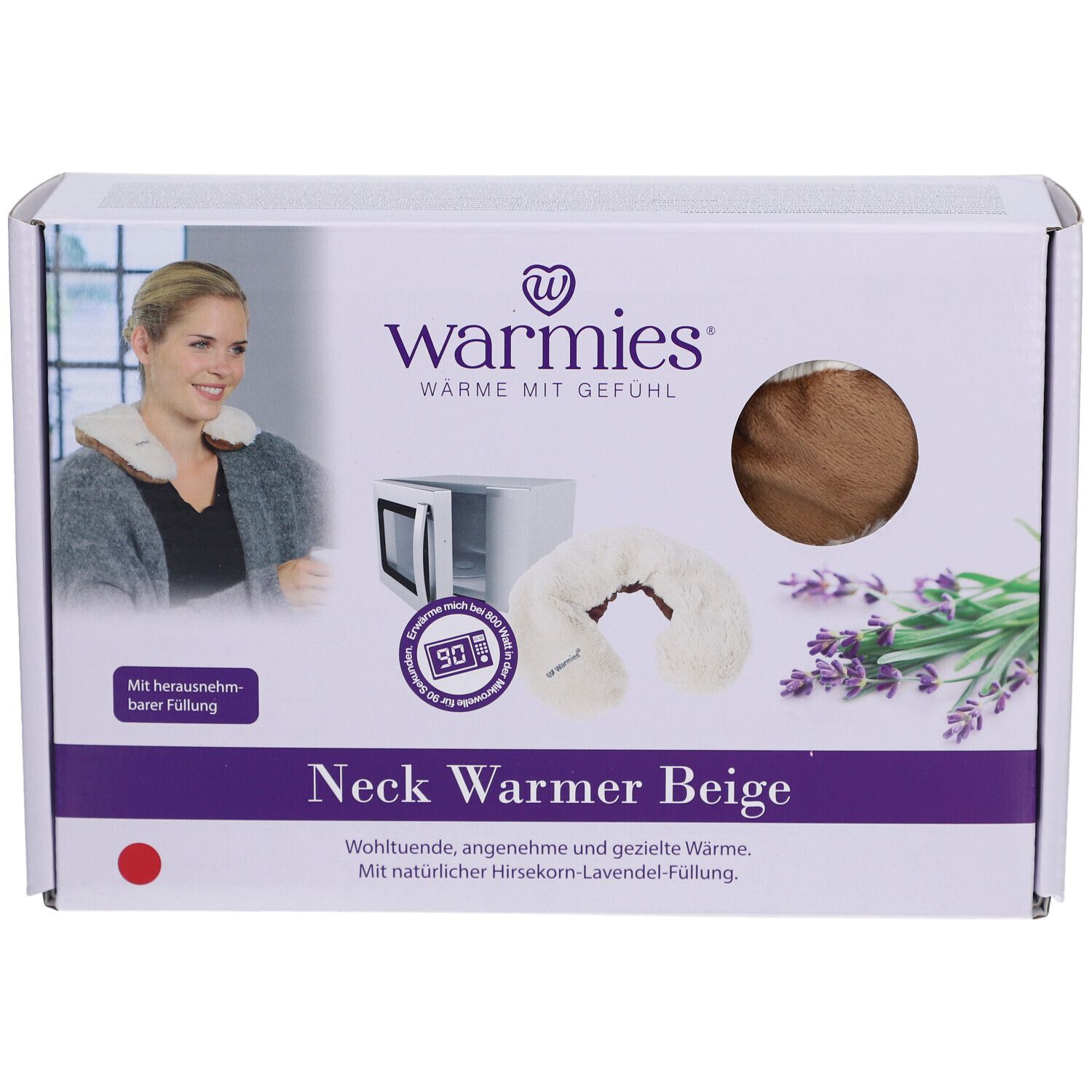 Warmies Halswärmer Beige Verpackung. Abbildung einer Frau mit Halswärmer, Mikrowelle und Lavendel.