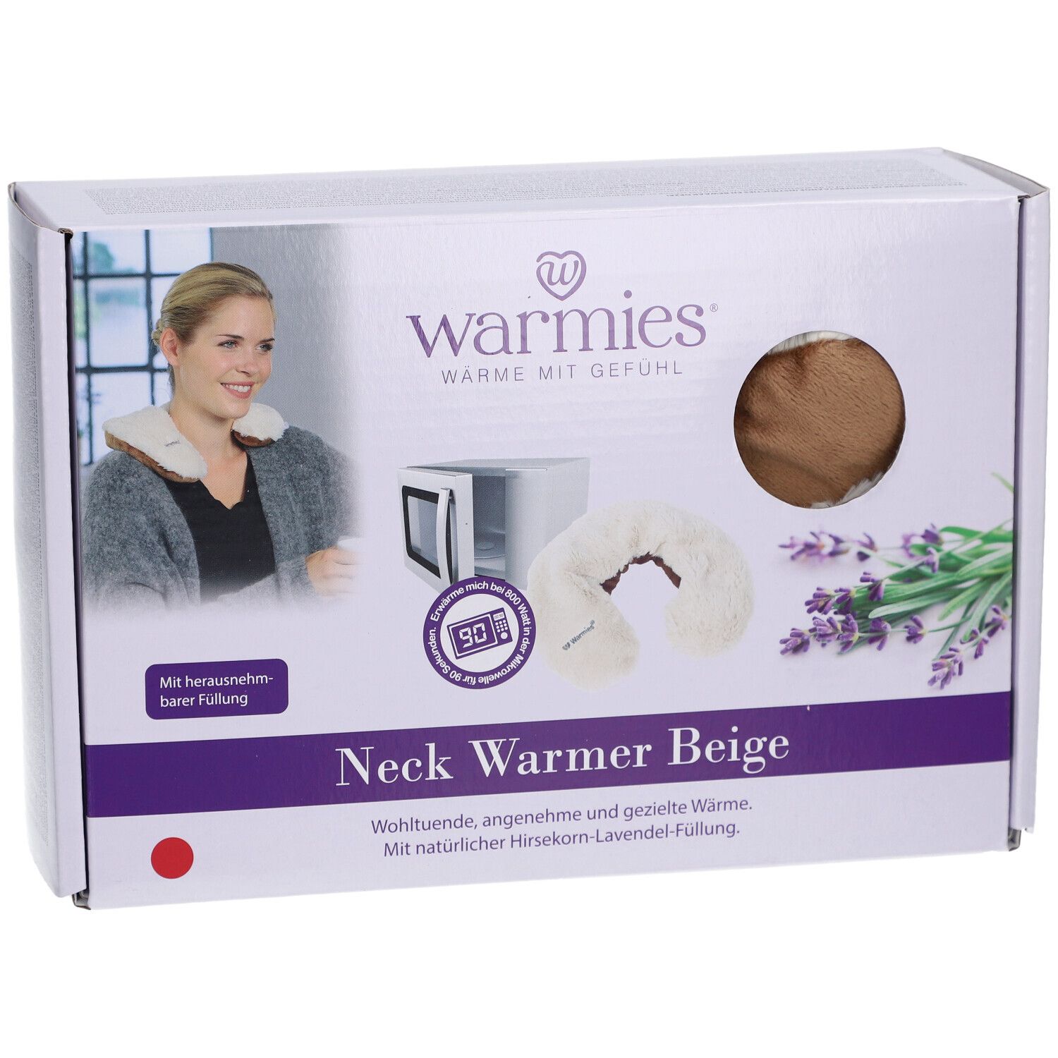 Warmies Halswärmer Beige Verpackung. Abbildung einer Frau mit Halswärmer, Mikrowelle und Lavendel.
