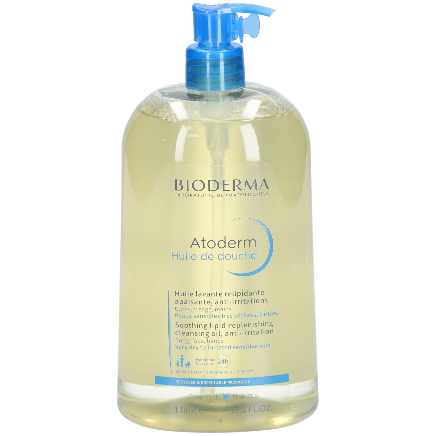 Flacon de Bioderma Atoderm huile de douche avec pompe bleue. Liquide jaune, étiquettes bleues et blanches avec texte.
