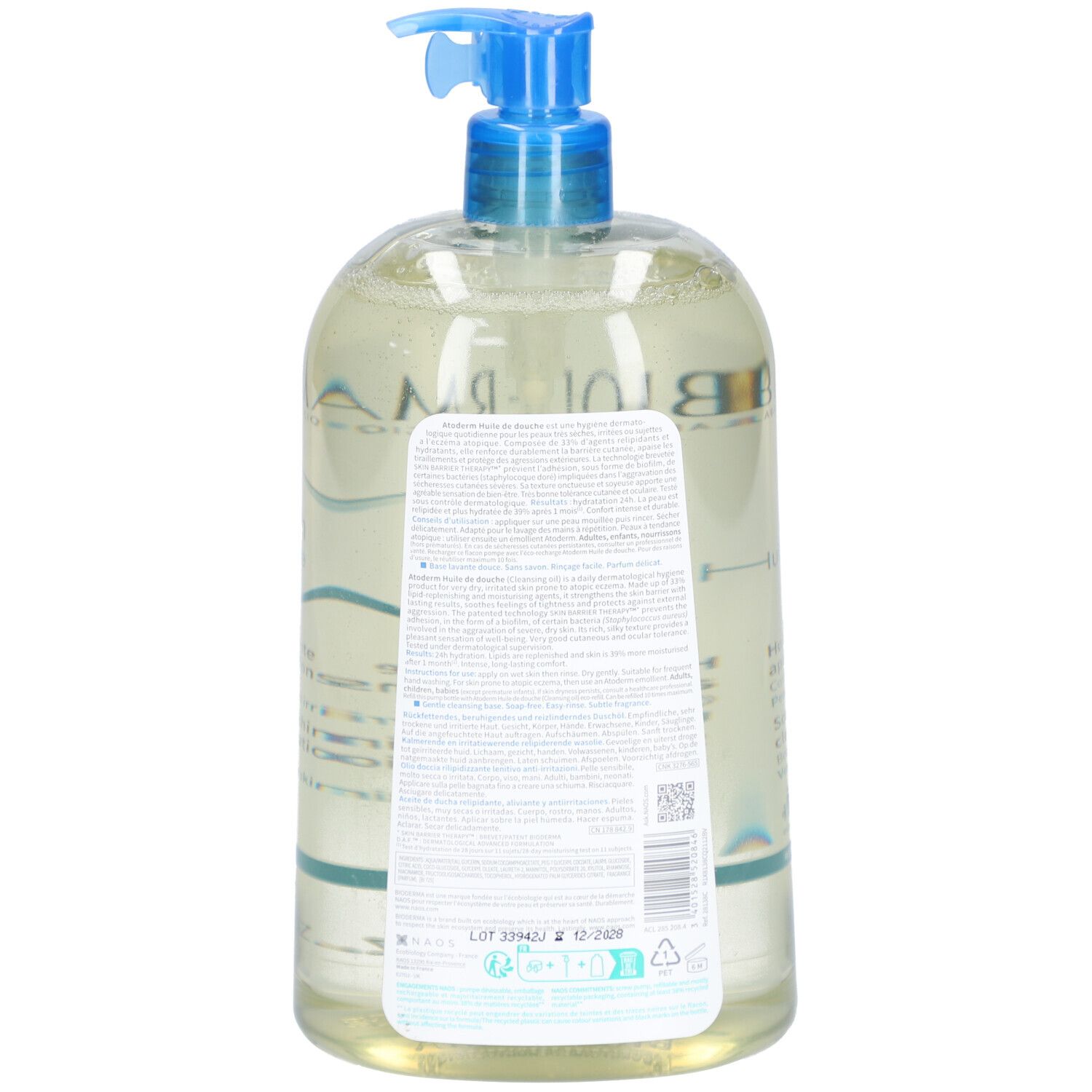 Dos du flacon d'huile de douche Bioderma Atoderm. Étiquette blanche avec texte et code-barres.