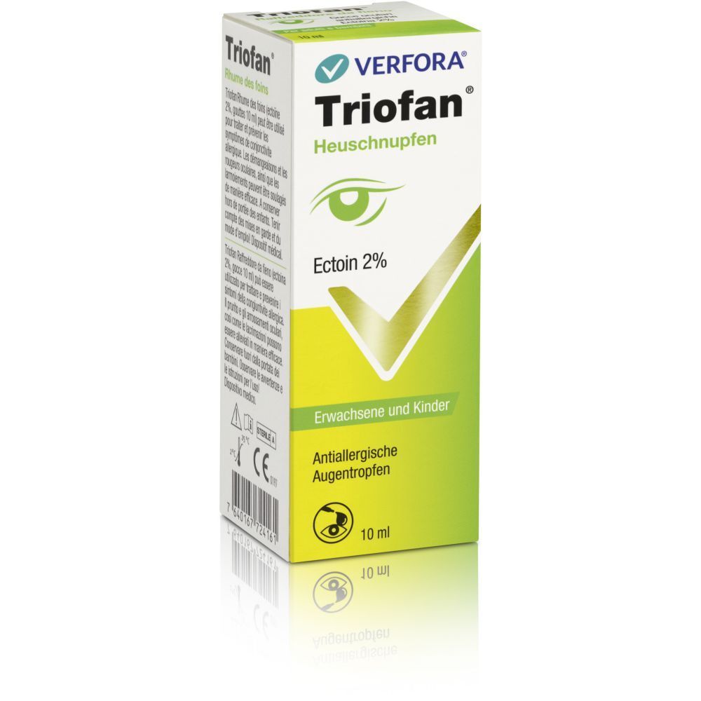 Verfora TrioFan Heuschnupfen Augentropfen. Weiße Schachtel mit grünen Akzenten. Enthält Augentropfen. Text: Ectoin 2%, 10 ml.