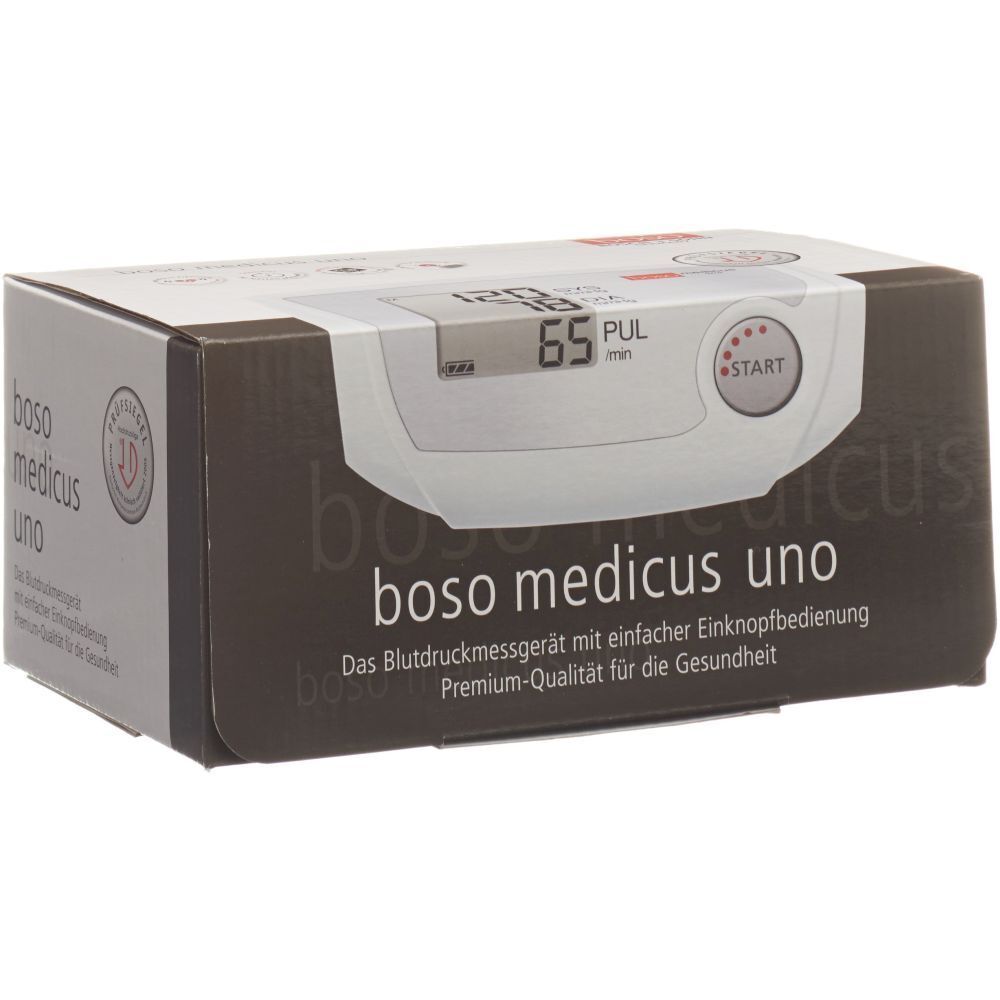 Verpackung des boso medicus uno Blutdruckmessgeräts. Zeigt Display mit Werten und Startknopf. Braune und weiße Box.