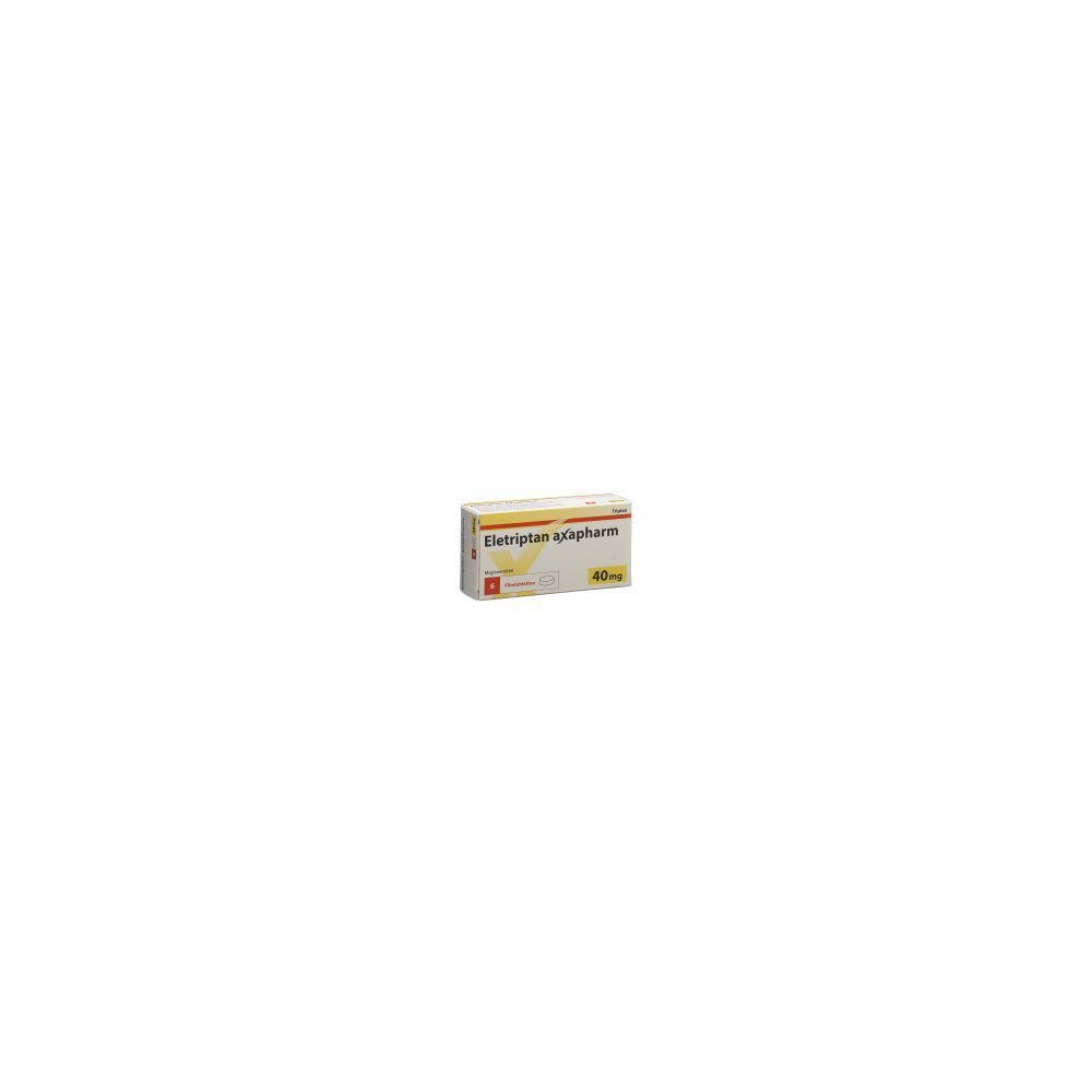 Kartonverpackung mit der Aufschrift "Eletriptan Axapharm". Enthält 40 mg Tabletten.