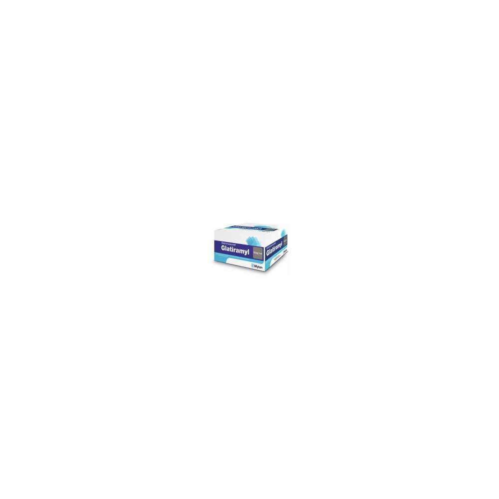 Karton mit Produktaufdruck. Blaue und weiße Farbgebung. Schriftzug: Glatiramyl.