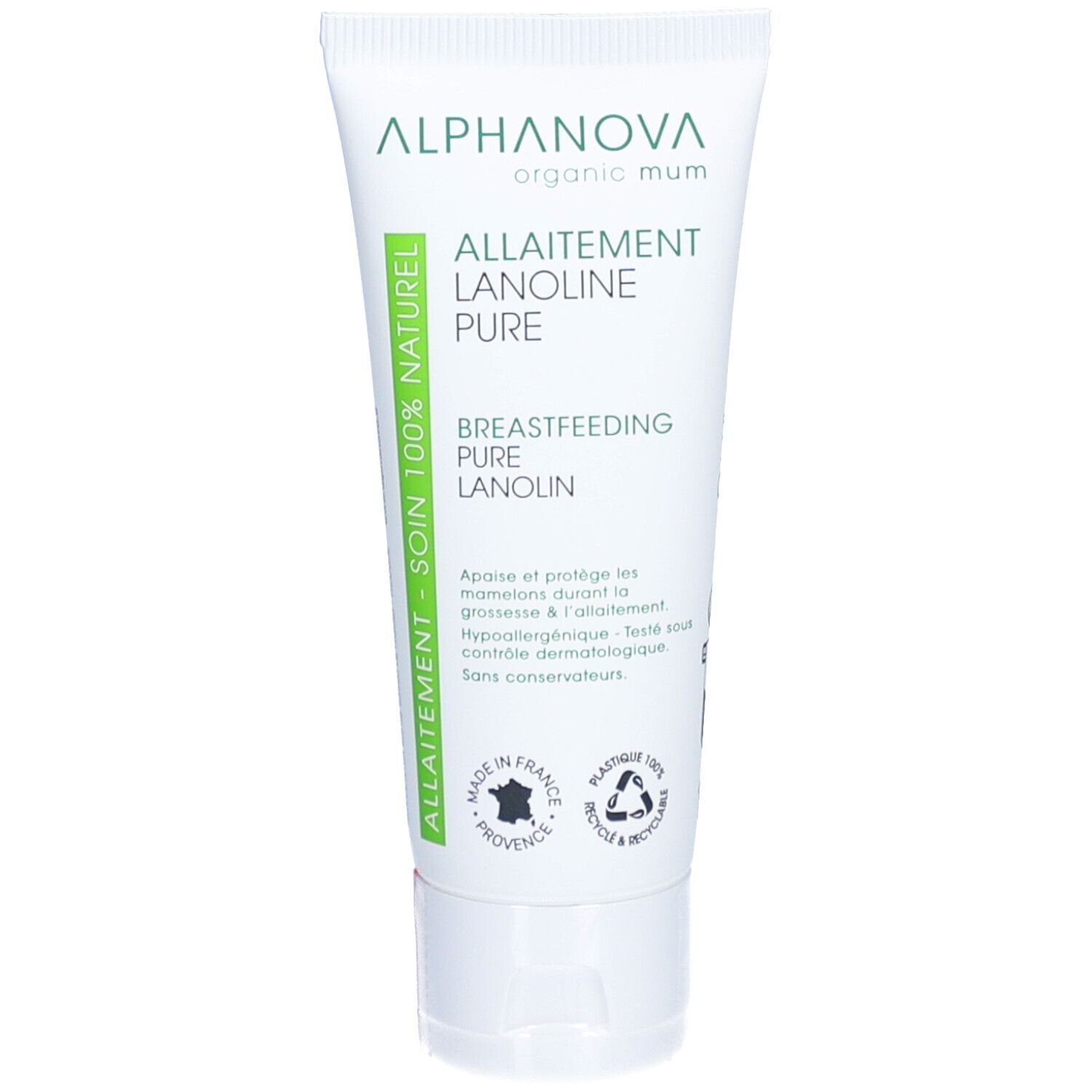Tube blanche et verte avec texte: Allaitement, Lanolin Pure, Allaitement, Lanolin Pure. Marque: ALPHANOVA. 100% naturel.