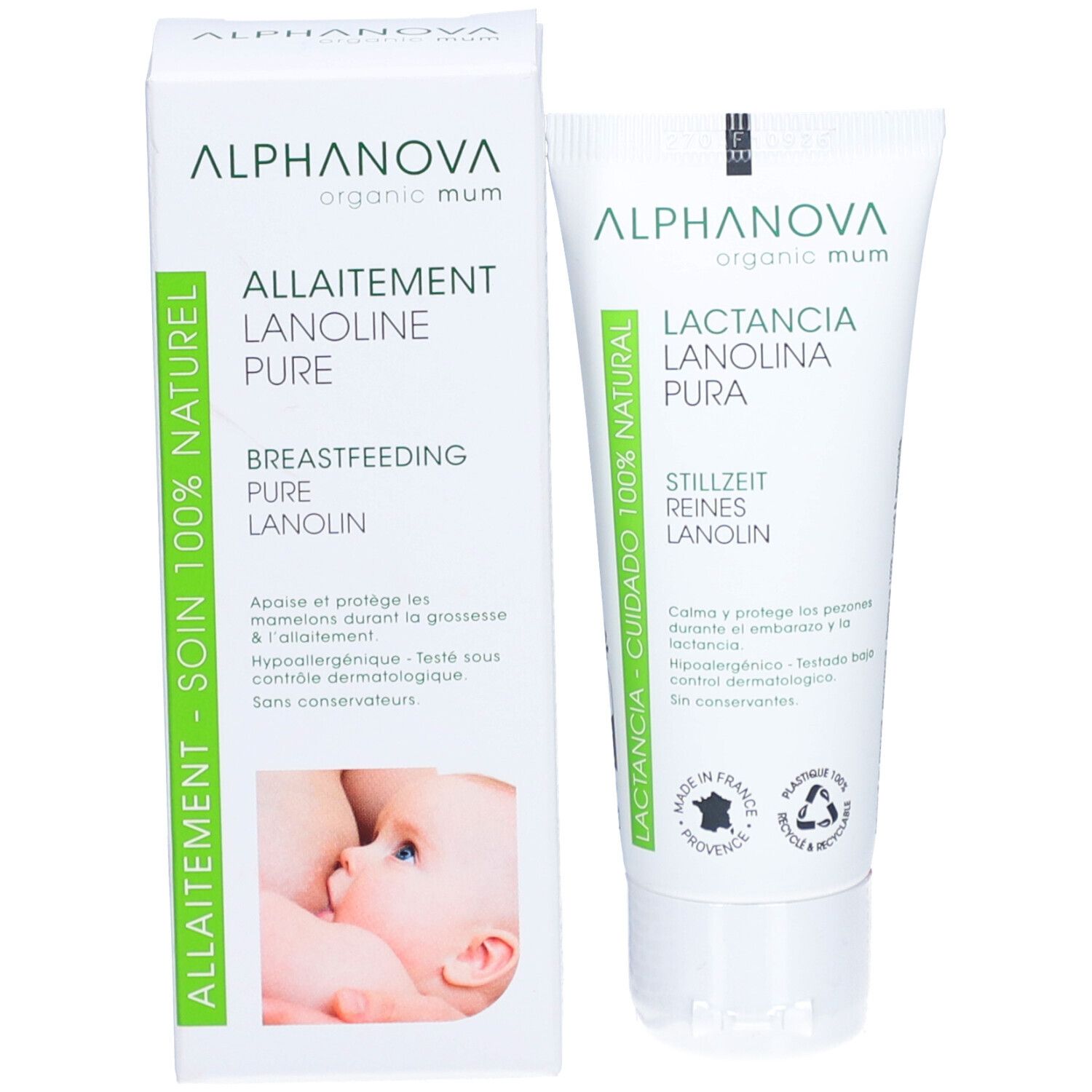 Emballage produit avec tube et boîte. Boîte avec texte: Allaitement, Lanolin Pure, Allaitement, Lanolin Pure. Marque: ALPHANOVA.