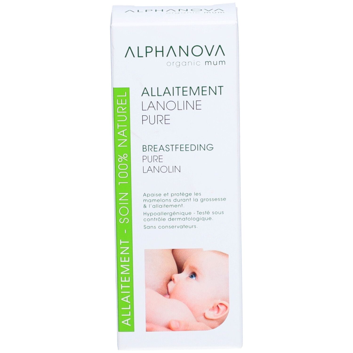 Emballage produit avec boîte. Boîte avec texte: Allaitement, Lanolin Pure, Allaitement, Lanolin Pure. Marque: ALPHANOVA. 100% naturel.