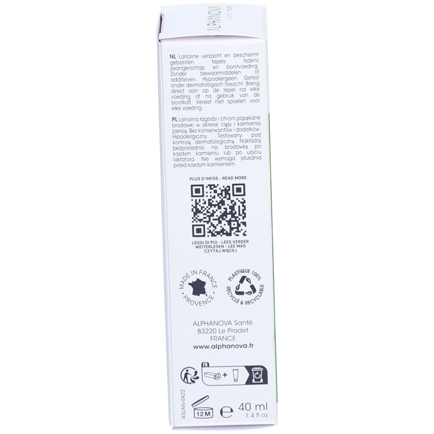Dos de l'emballage du produit. Texte, code QR, logos. Marque: ALPHANOVA. 40 ml. Fabriqué en France. 100% recyclable.