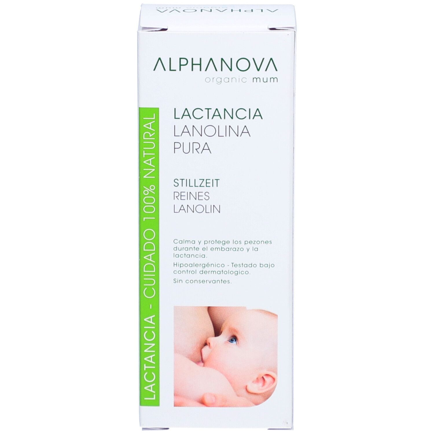 Emballage produit avec boîte. Boîte avec texte: Lactancia, Lanolina Pura, Allaitement, Lanolin Pure. Marque: ALPHANOVA. 100% naturel.